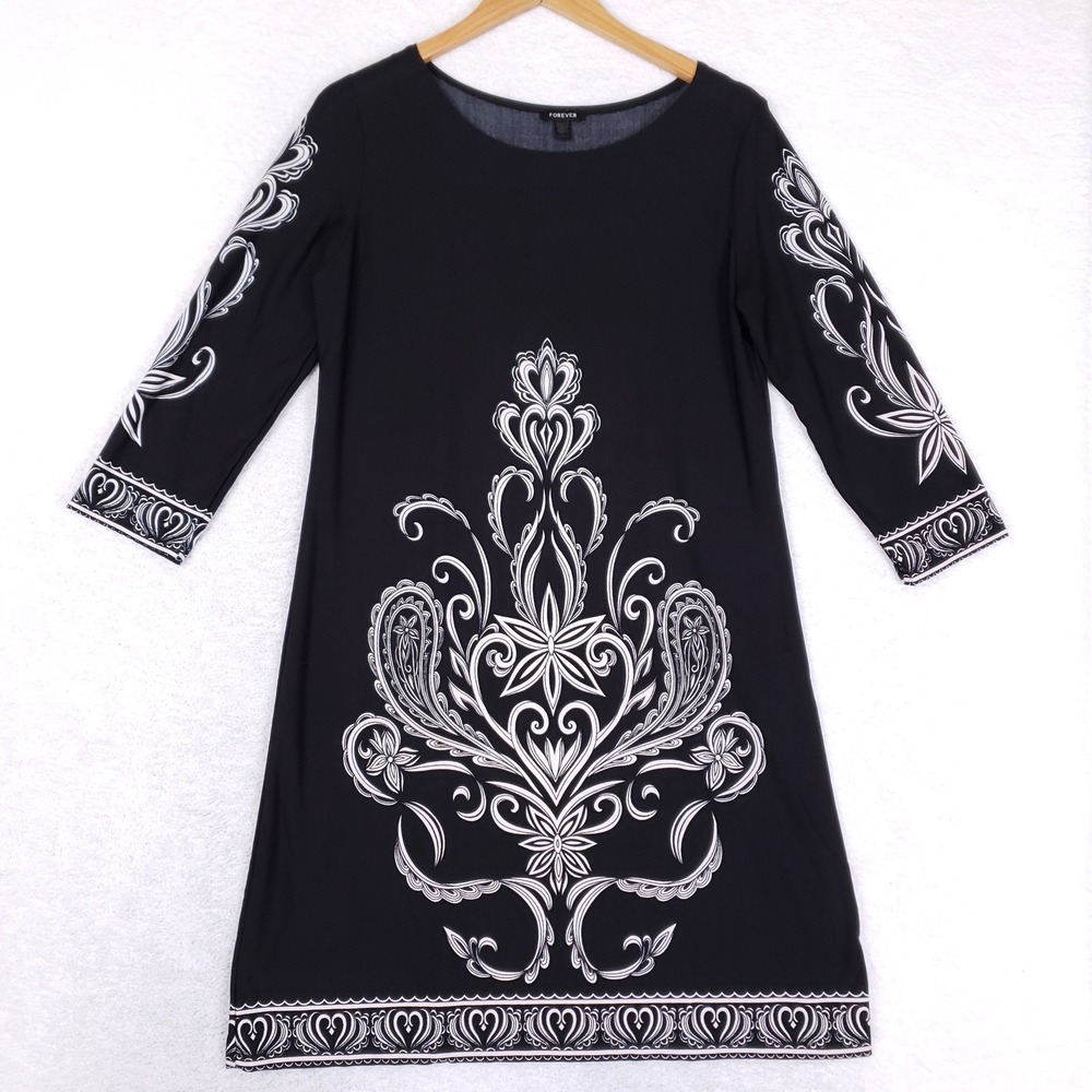 Forever Shift Dress Womens Large Black White Baroque Paisley 3/4 Sleeve Mod